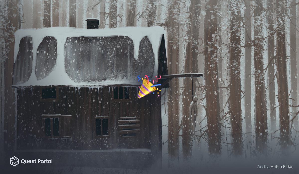 A winter cabin in the woods with snow falling. The confetti emoji is overlayed in the center.