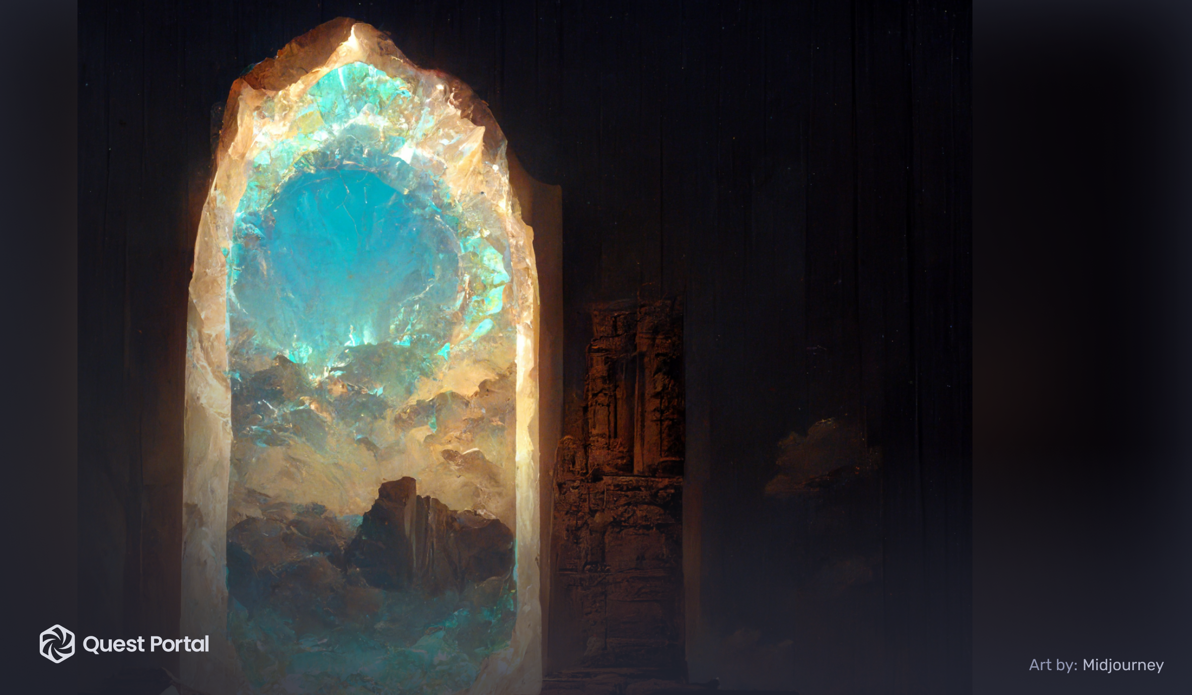 Blue skies behind a temple-like doorway portal.