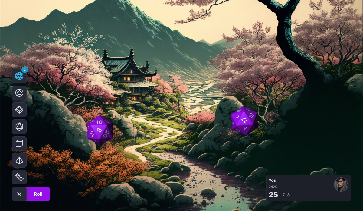 A serene background with our dice interface on the edges. Two purple D20 are on on the screen rolled to an 8 and 17
