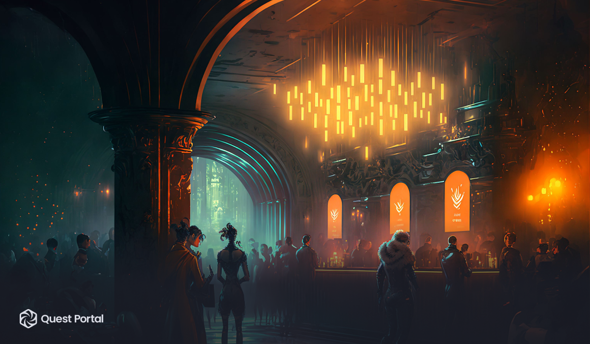 Lights illuminate a futuristic bar where travellers from all worlds meet