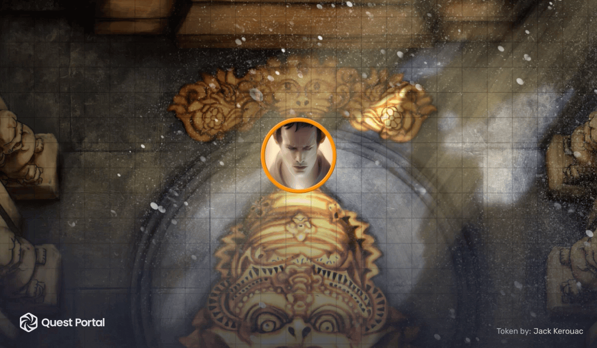An animated token of a man pulses with flame within a golden temple map. 