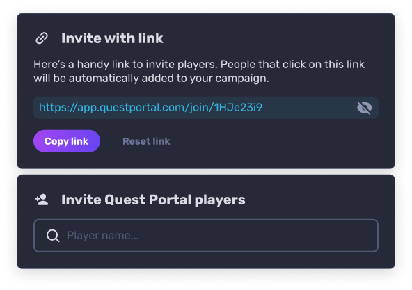 Invite dialog to copy an invite link or inviting players by player name.