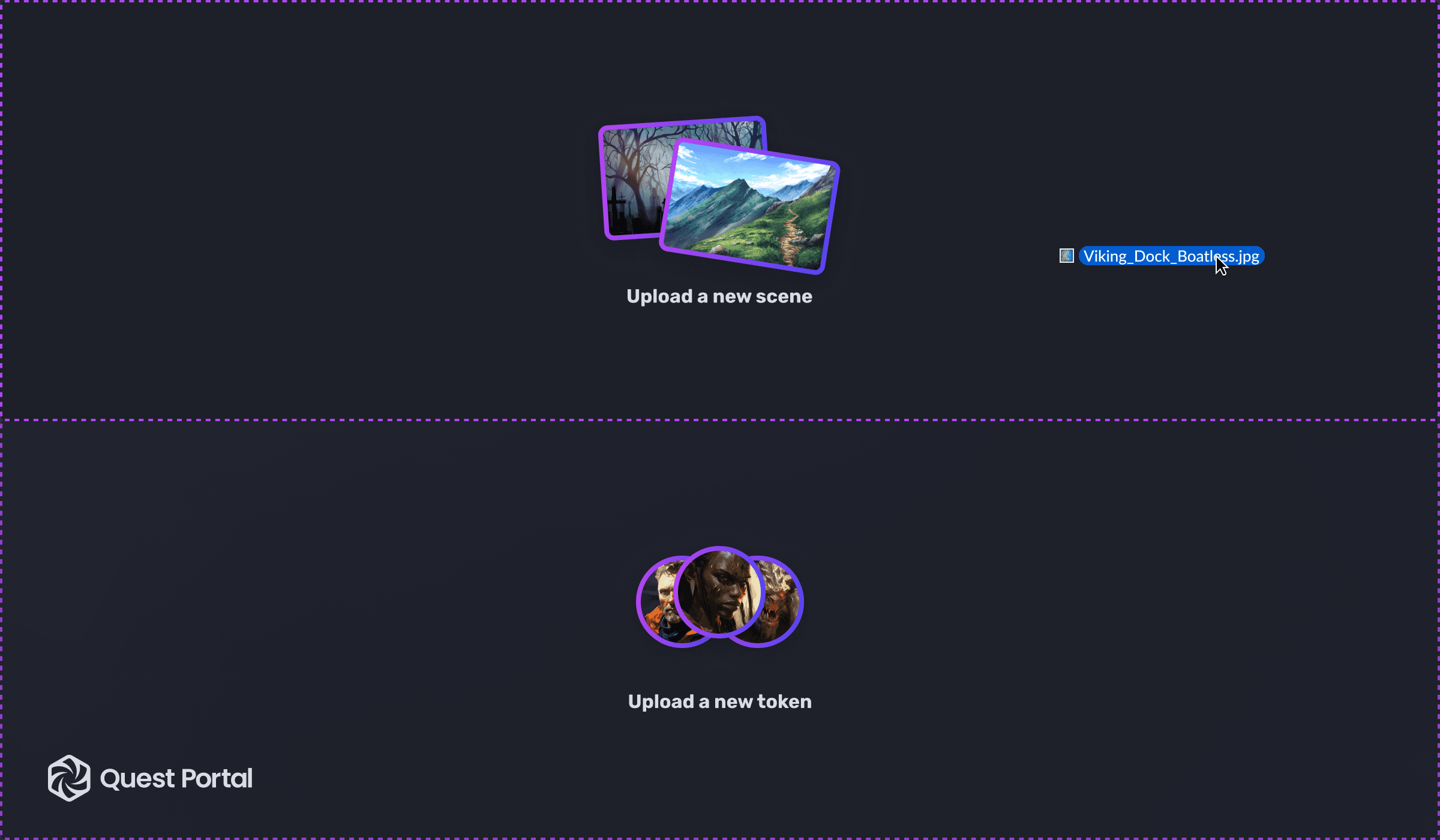 Drag and drop to upload scenes or tokens.