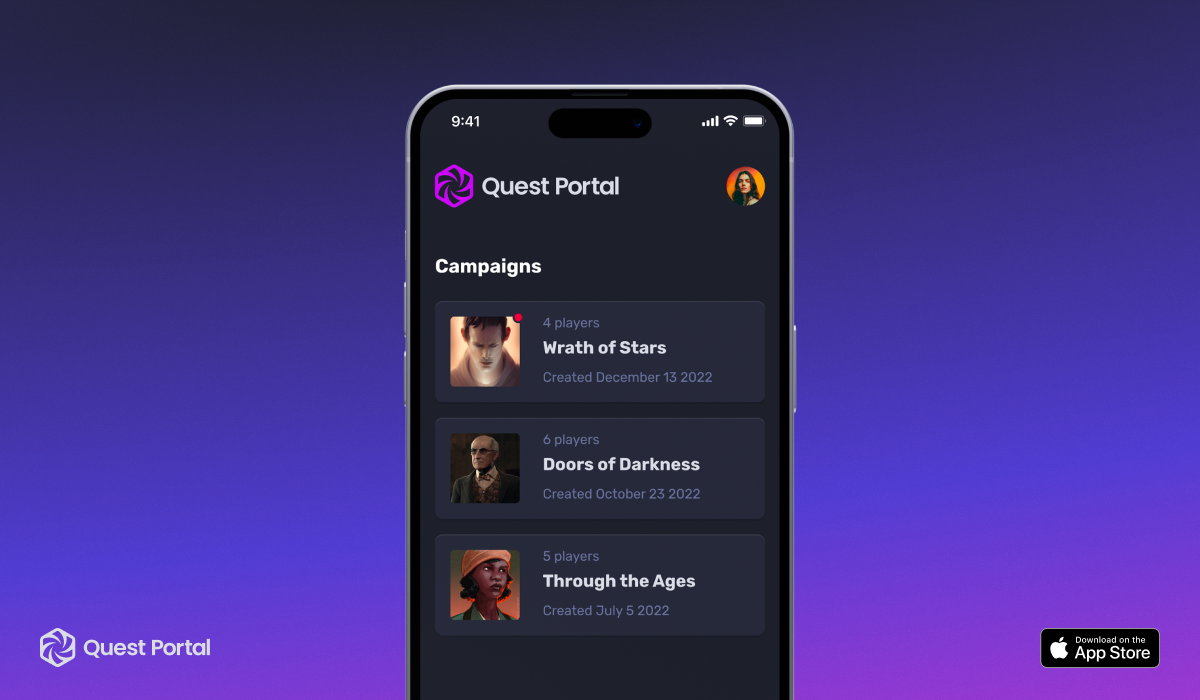 A mobile phone on a blue purble background. The phone is showing the campaigns list in Quest Portal.
