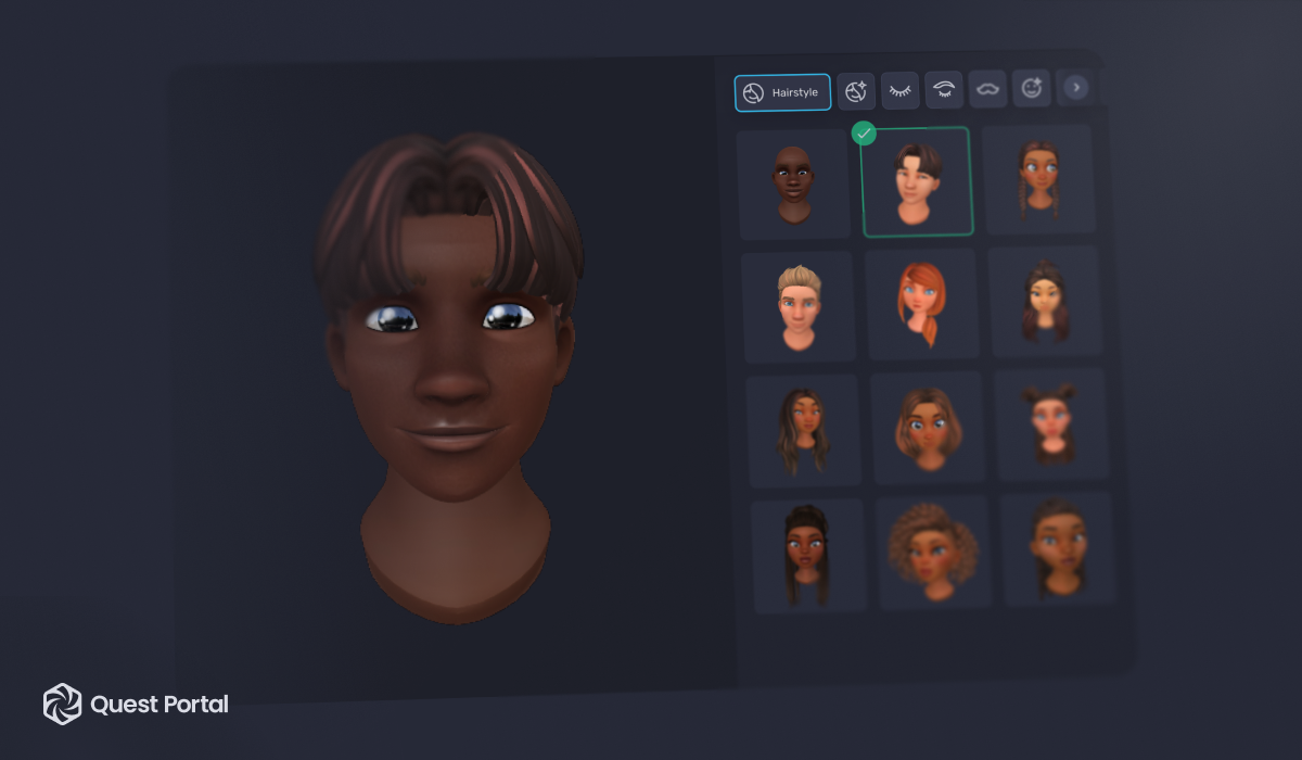 A male 3D avatar with dark hair, as well as the options to pick different hairstyles.