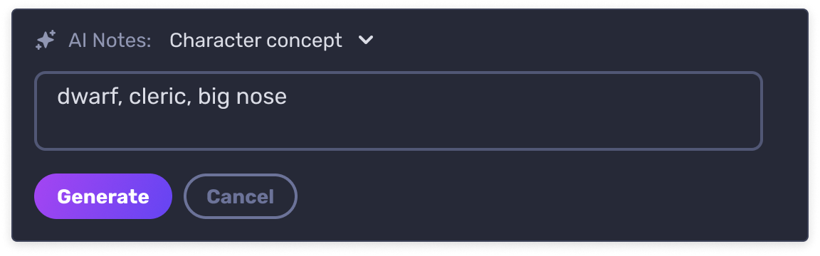 A prompt dialog to create a new character concept with AI Assistant in Notes.