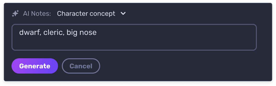 A prompt dialog to create a new character concept with AI Assistant in Notes.