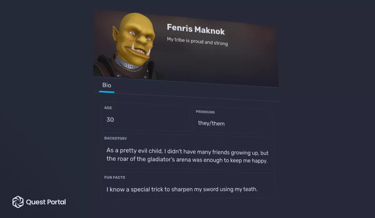 The character sheet for Fenris Maknok that looks like an orc. His tagline is: "My tribe is proud and strong".