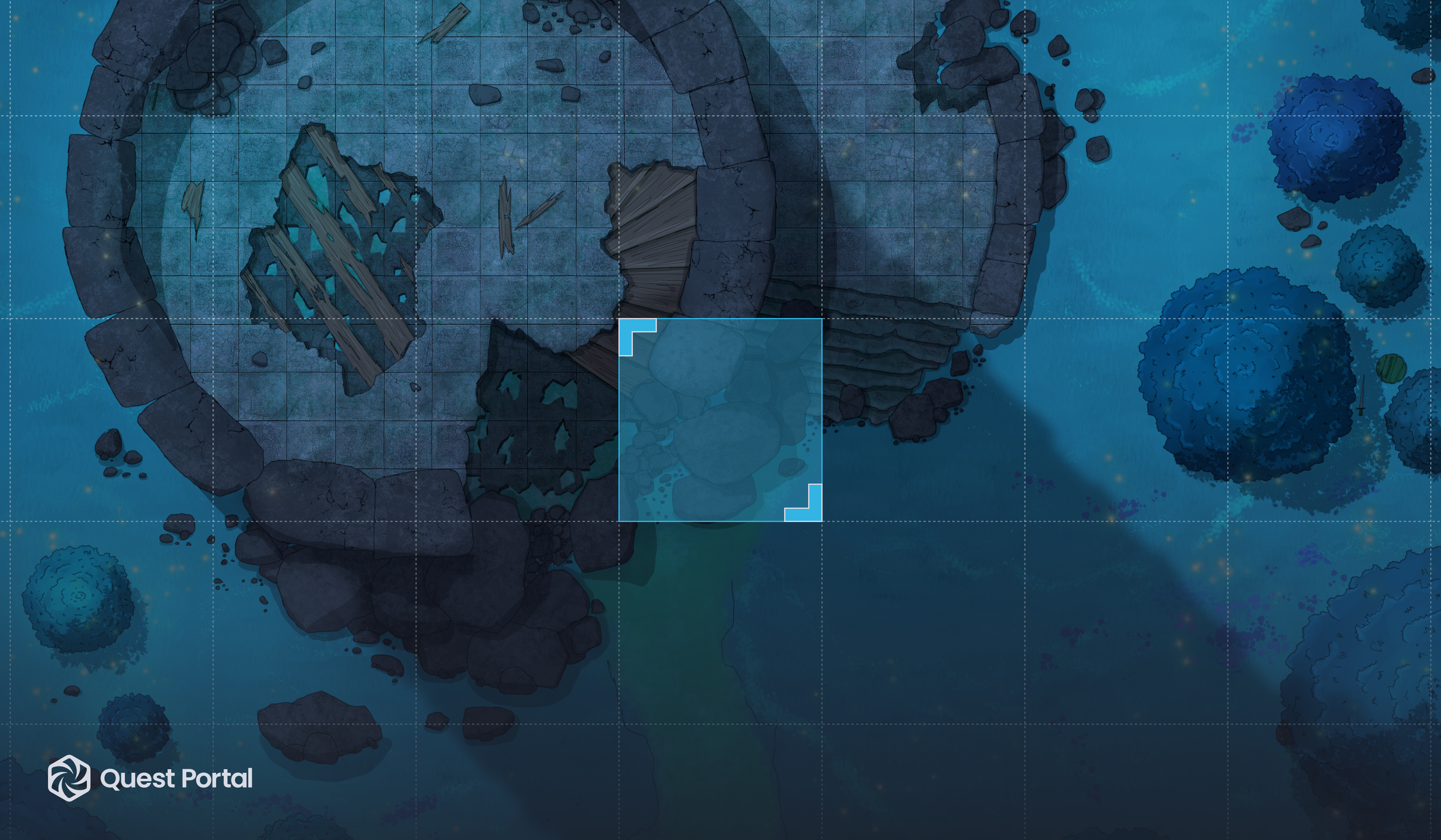 A battlemap showing a round tower. A blue box indicates the editable grid size.