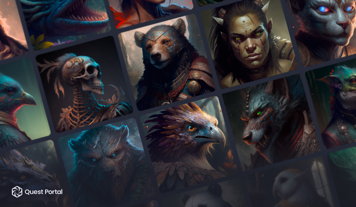 A grid showing a skeleton bard, a warrior bear, cat folk, corvids, and fish people.