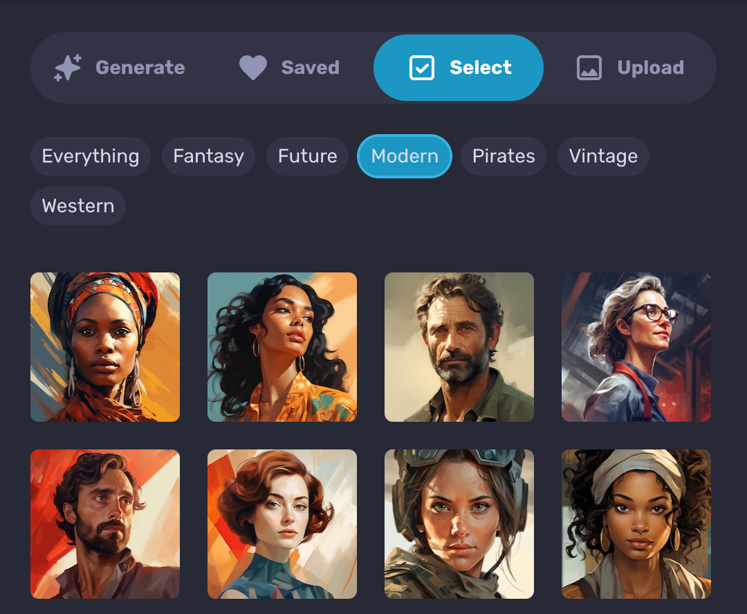 Upload, select or generate your character avatar.