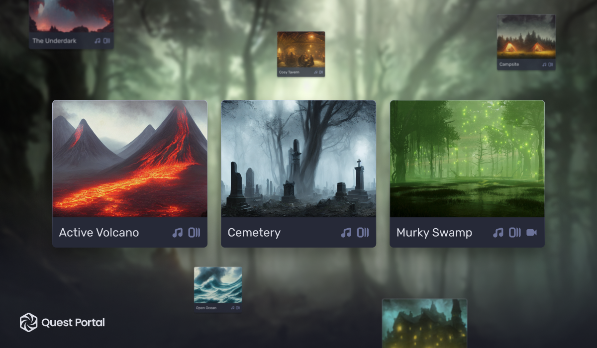 Three scene cards showing an active volcano, a cemetery, and a Murky Swamp.
