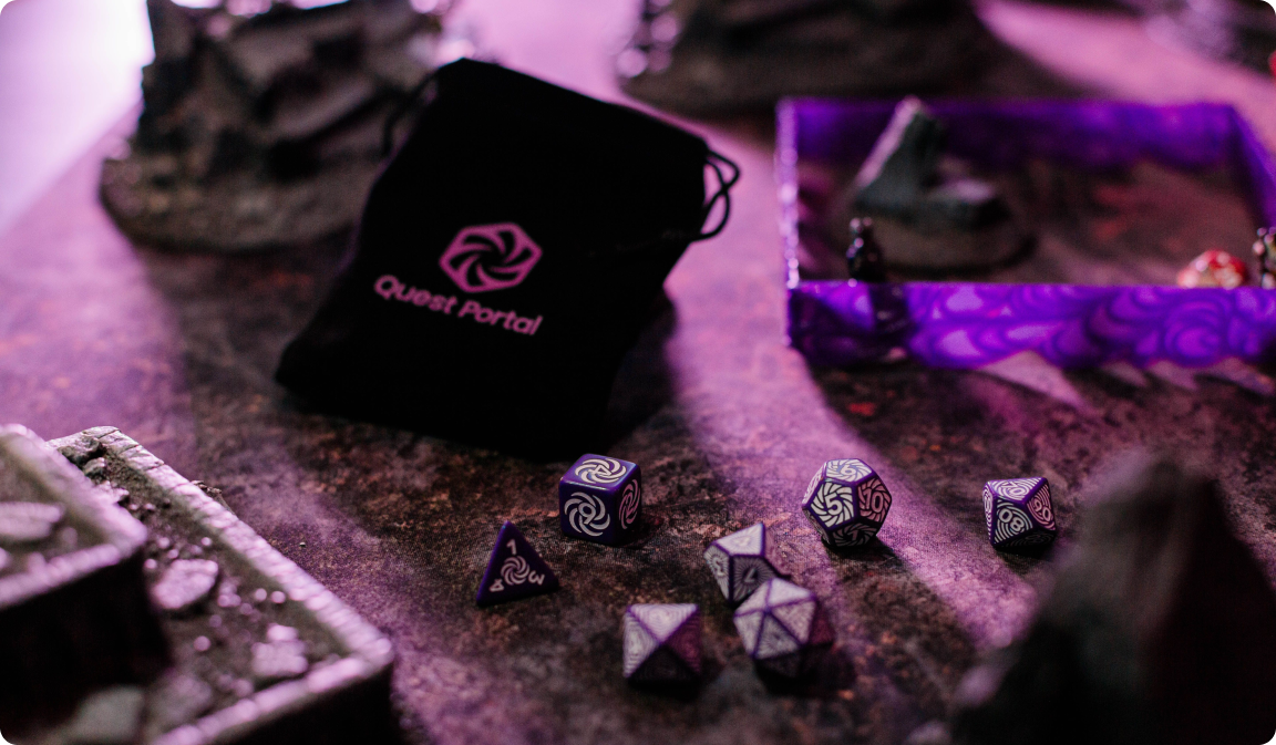 A dicebag and dice used for playing tabletop role-playing games.