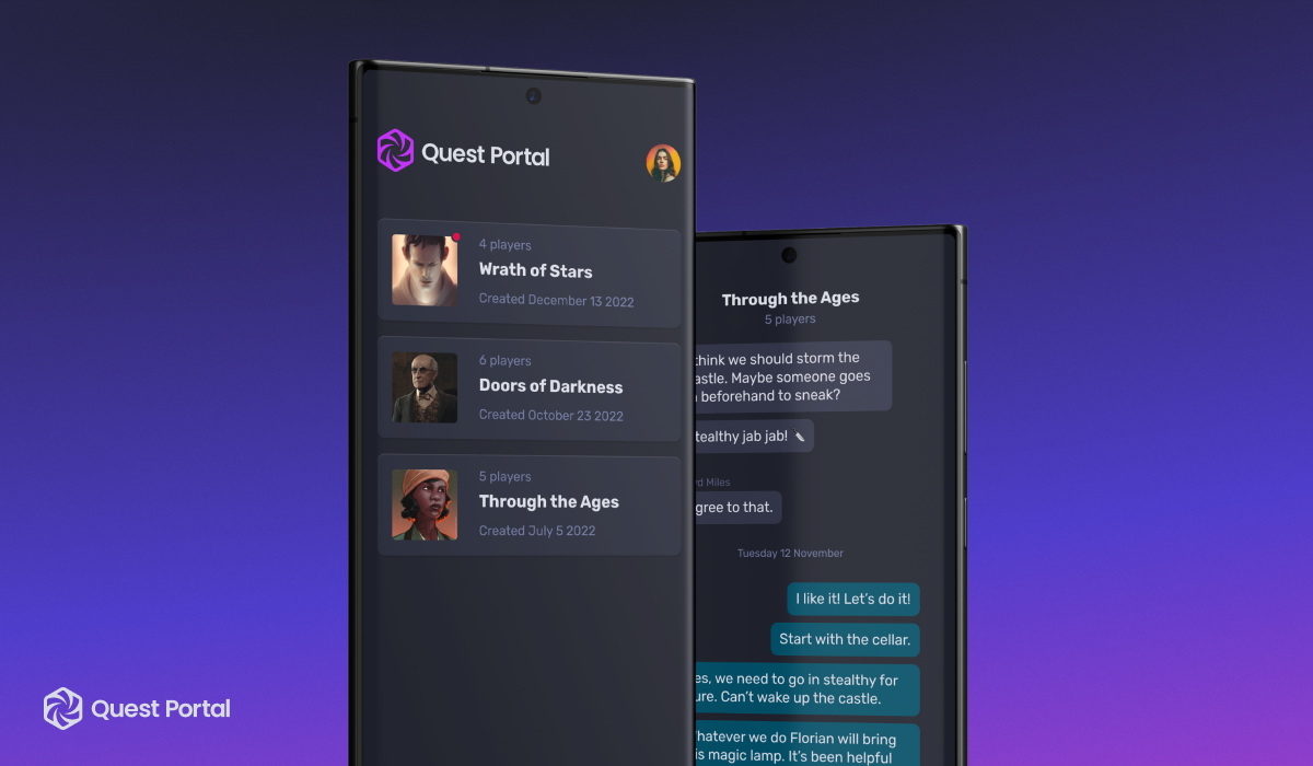 The image is of an two android devices stacked one in front of another. The one in the front shows a preview of 3 different campaigns. The one placed behind shows the chat feature. 