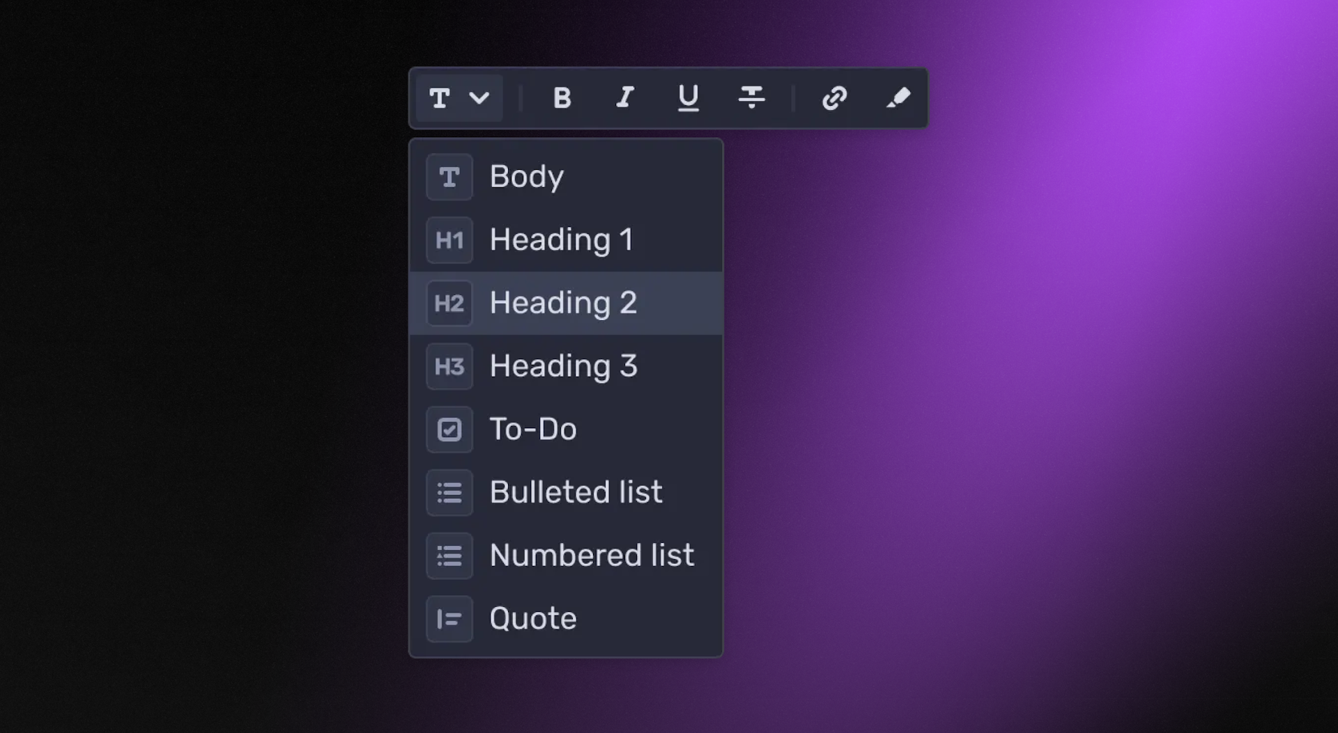 Bubble menu allows you to apply updates to text and change elements to other types.