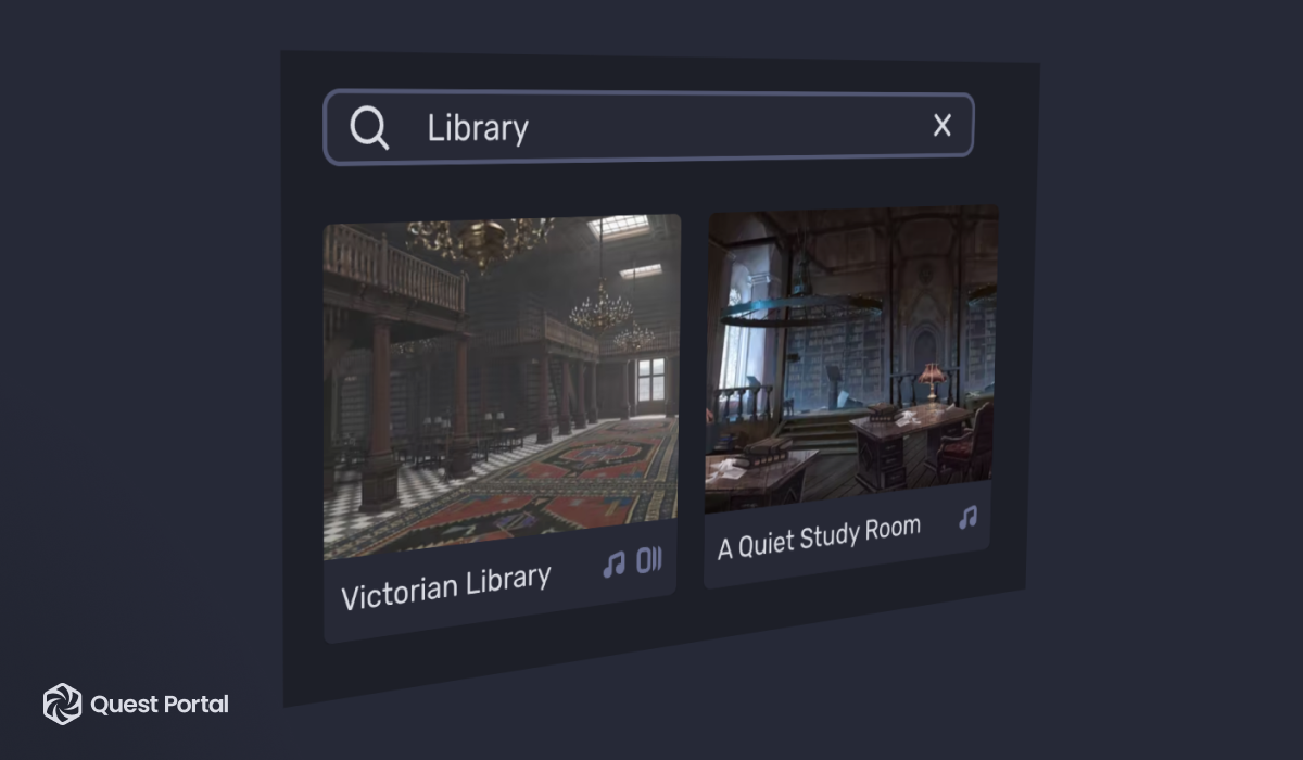 A search field with "Library" sits above two different library scenes.