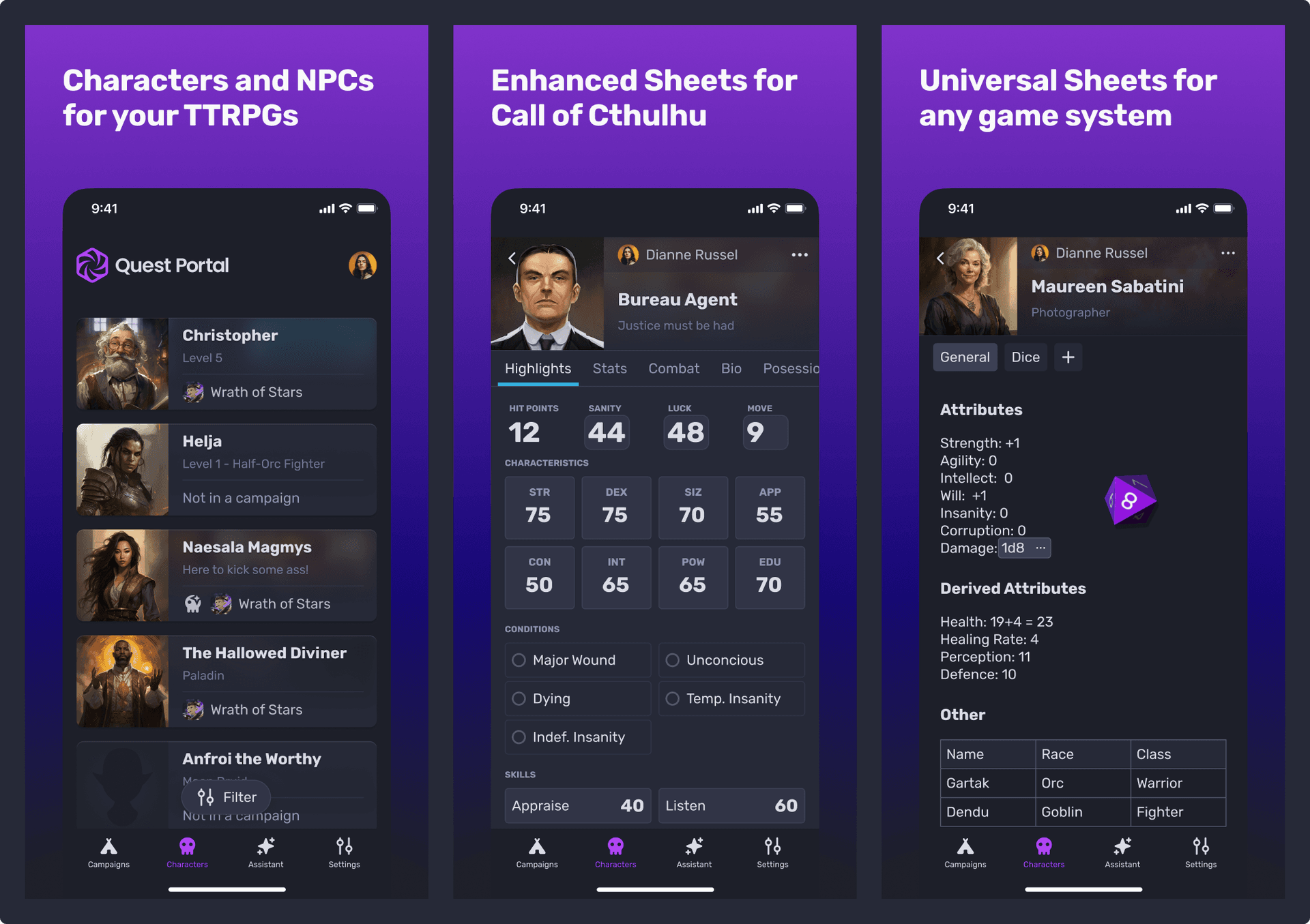 Quest Portal mobile app to view tabletop role-playing characters.