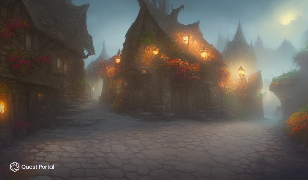 A luminous mist envelops a quiet fantasy village at dusk. Lights can be seen glowing, offering warmth against the otherwise cold scene. 