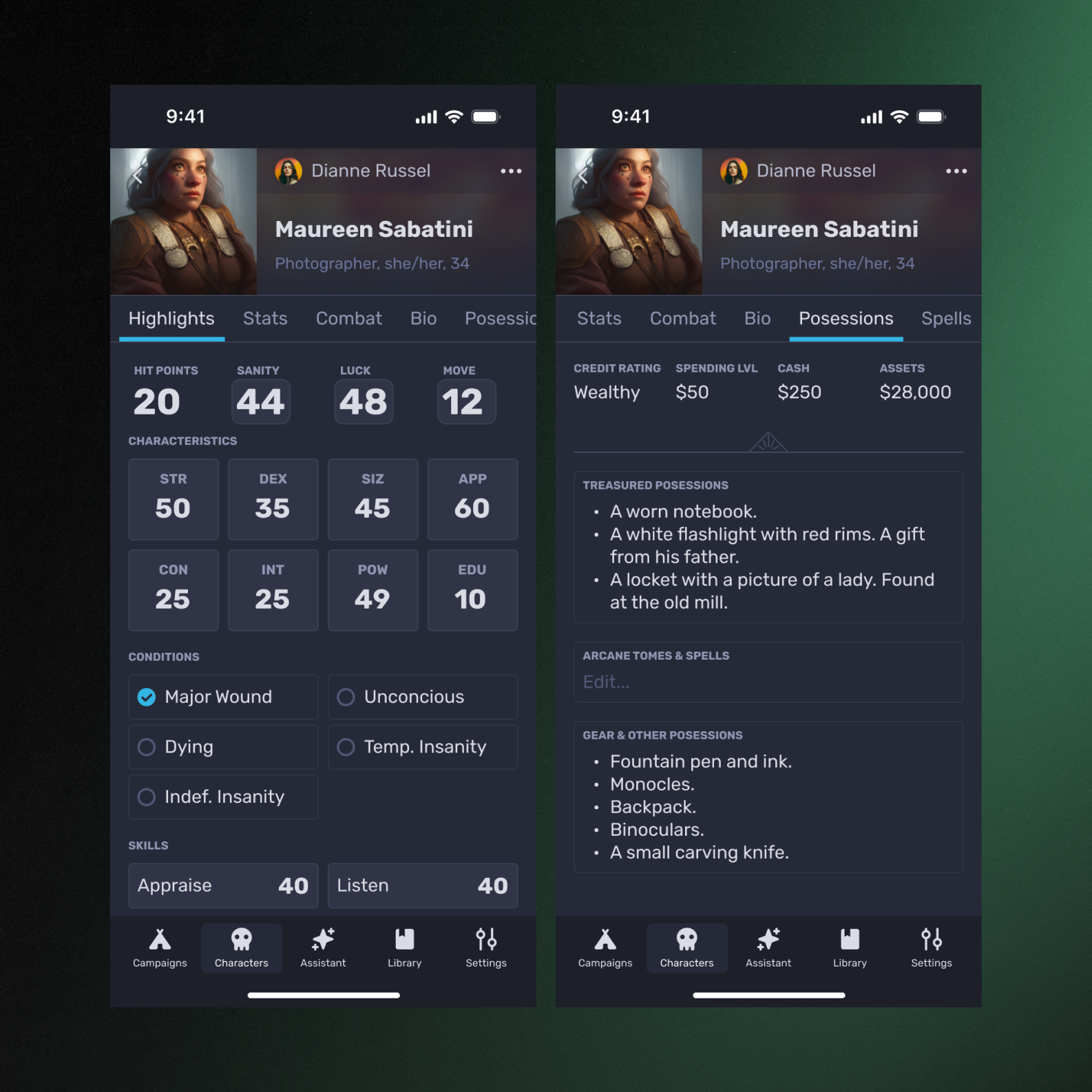 Call of Cthulhu enhanced character sheets on mobile.