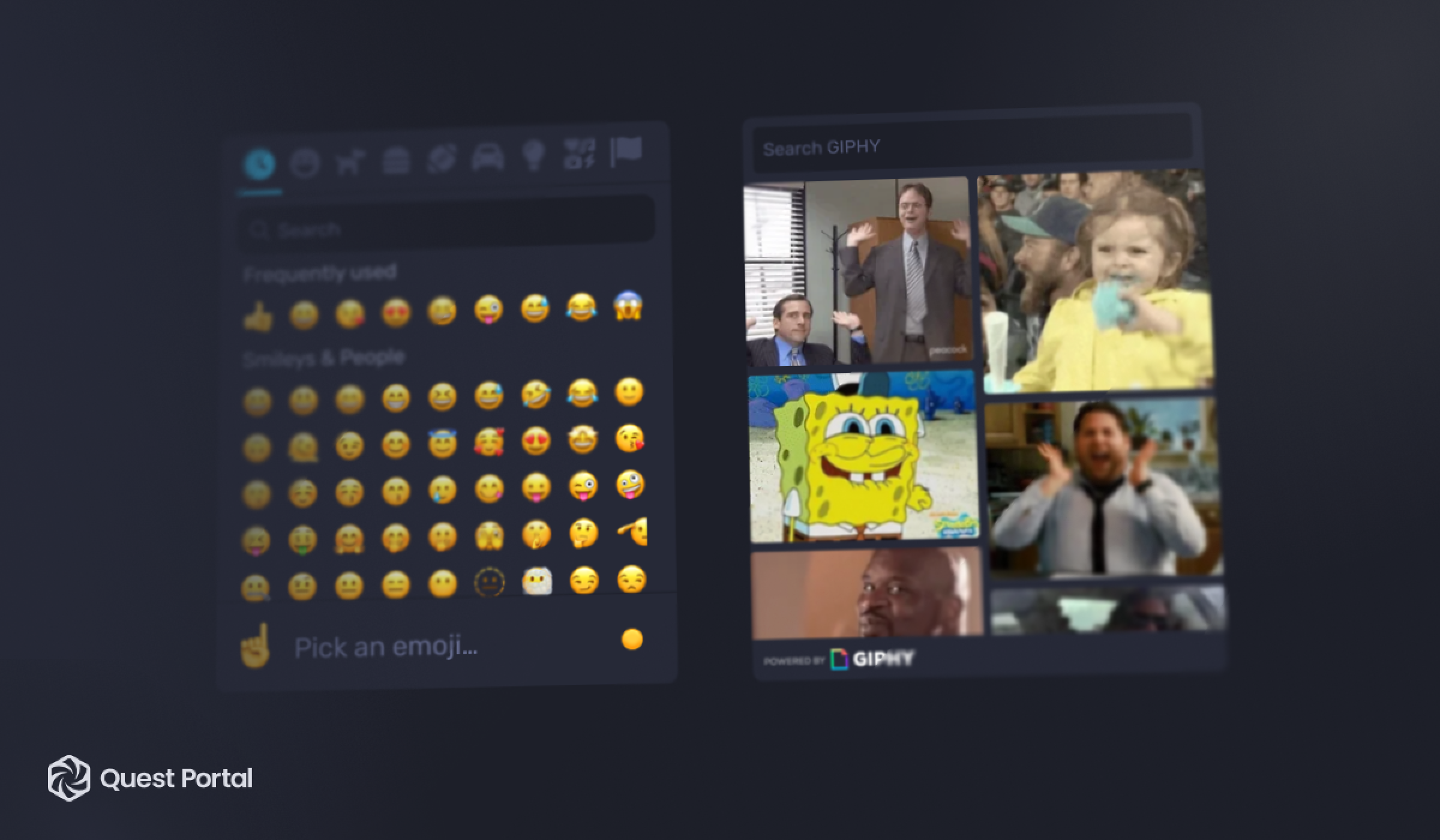 The emoji picker and GIF search in Quest Portal Chat. 